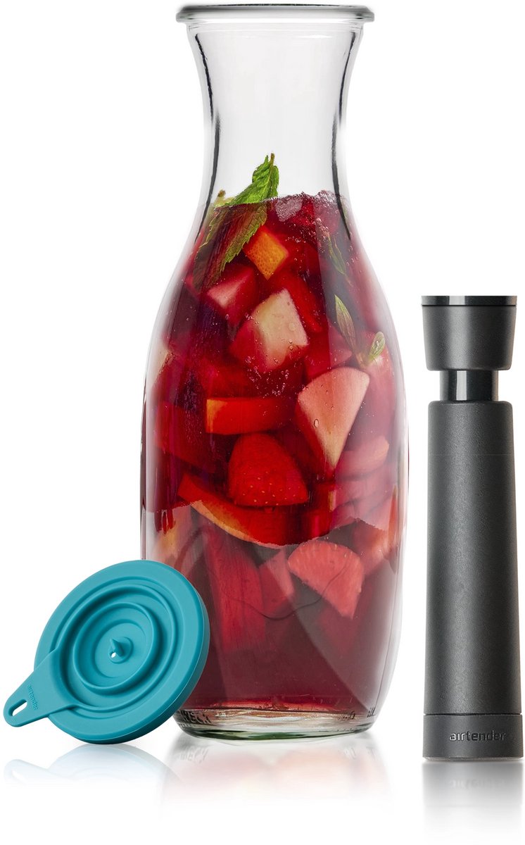 Airtender Instant Sangria Maker 1000ml | Vacuüm Sangriakaraf van glas | Vacuümdeksel + GRATIS -pomp | Maak razendsnel de lekkerste Sangria! | Zonder vacuüm te gebruiken | Vacuüm versnelt de infusie (duurt 15-30min) en creëert meer smaak