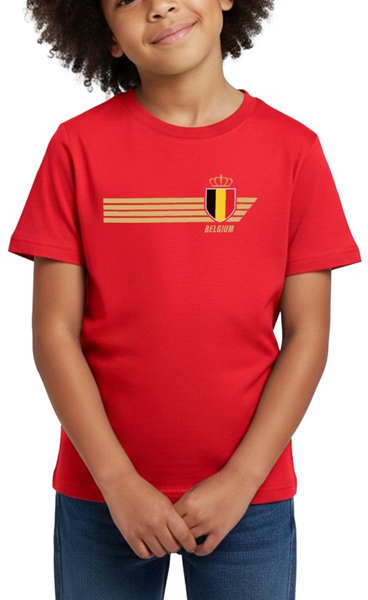 Rood kindershirt met op de borst het Belgische wapenschild met kroon en de tekst BELGIUM.