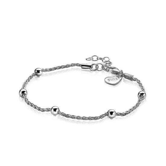 Zilverkleurige armband met gedraaide ketting en vijf bolletjes. Een hartvormig ZINZI-hangertje is zichtbaar.