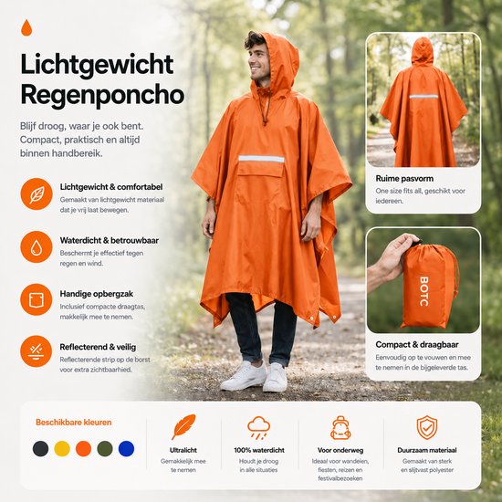 Man in oranje poncho, met capuchon, reflecterende strepen op borst en rug, en voorvak. Inclusief draagtas.