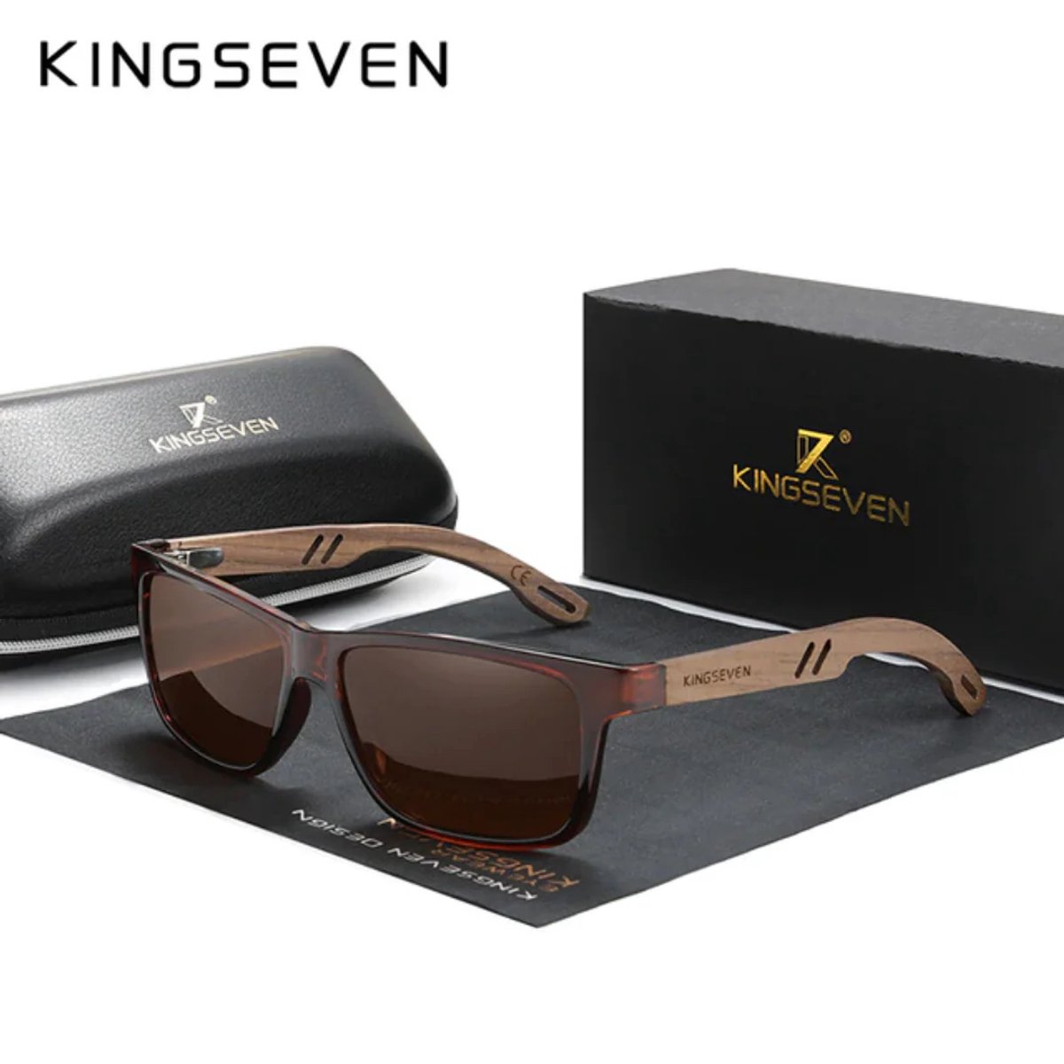 KINGSEVEN Heren Zonnebril UV400 - Houten Bruine pootjes met bruine spiegelglazen - Gepolariseerd - N5508