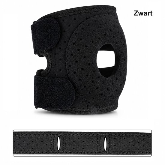 Zwarte elleboogbrace met klittenbandsluiting, geperforeerd materiaal en klittenbandsluiting.