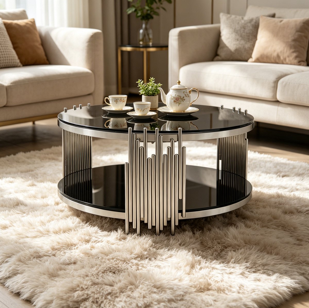 MODENUIT Salontafel - Rond Met Dubbel Glazen Blad En Opbergruimte - Voor Woonkamer Of Kantoor - Zwart Zilver Zwart En Zilver