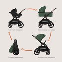 4 afbeeldingen van de kinderwagen in verschillende standen: reizen, slapen, compact opgevouwen, vooruit.