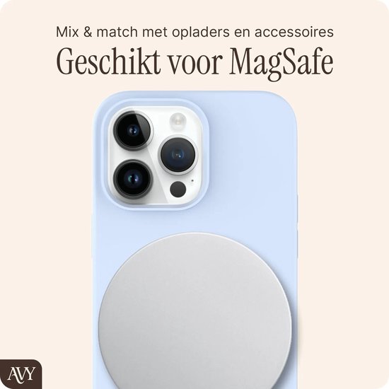 Lichtblauwe telefoonhoes met MagSafe compatibiliteit, deels op een iPhone.