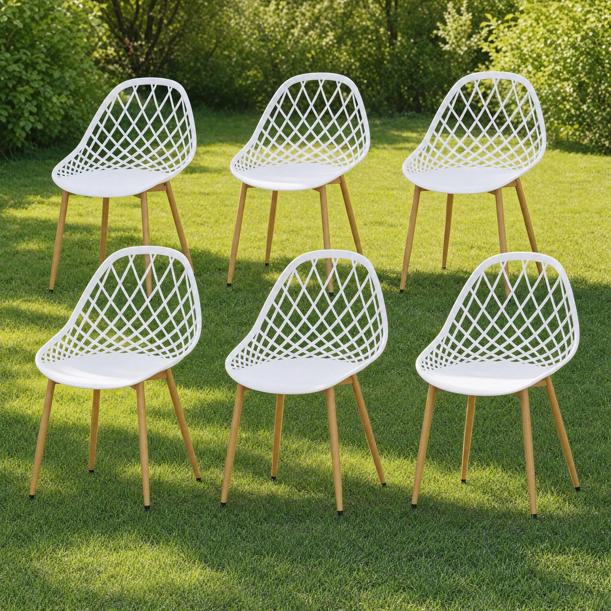 EGGREE Tuinstoelen Set van 6 - Opengewerkt Patroon PP-Metaal - Tuin - Terras - Balkon - Compact - Eetkamer - Wit