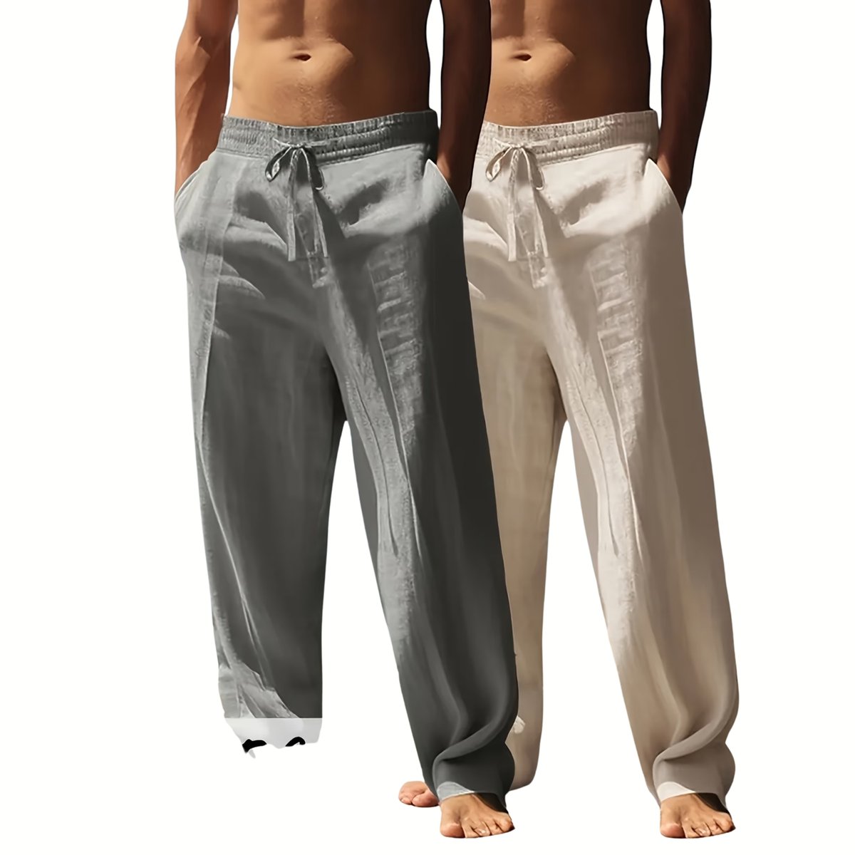 Currero Linnen Broek Heren - Zomerbroek - Volwassenen - Lange Broek - Pantalon - Strandbroek - Zomer - Ibiza Stijl - Khaki + Grijs M