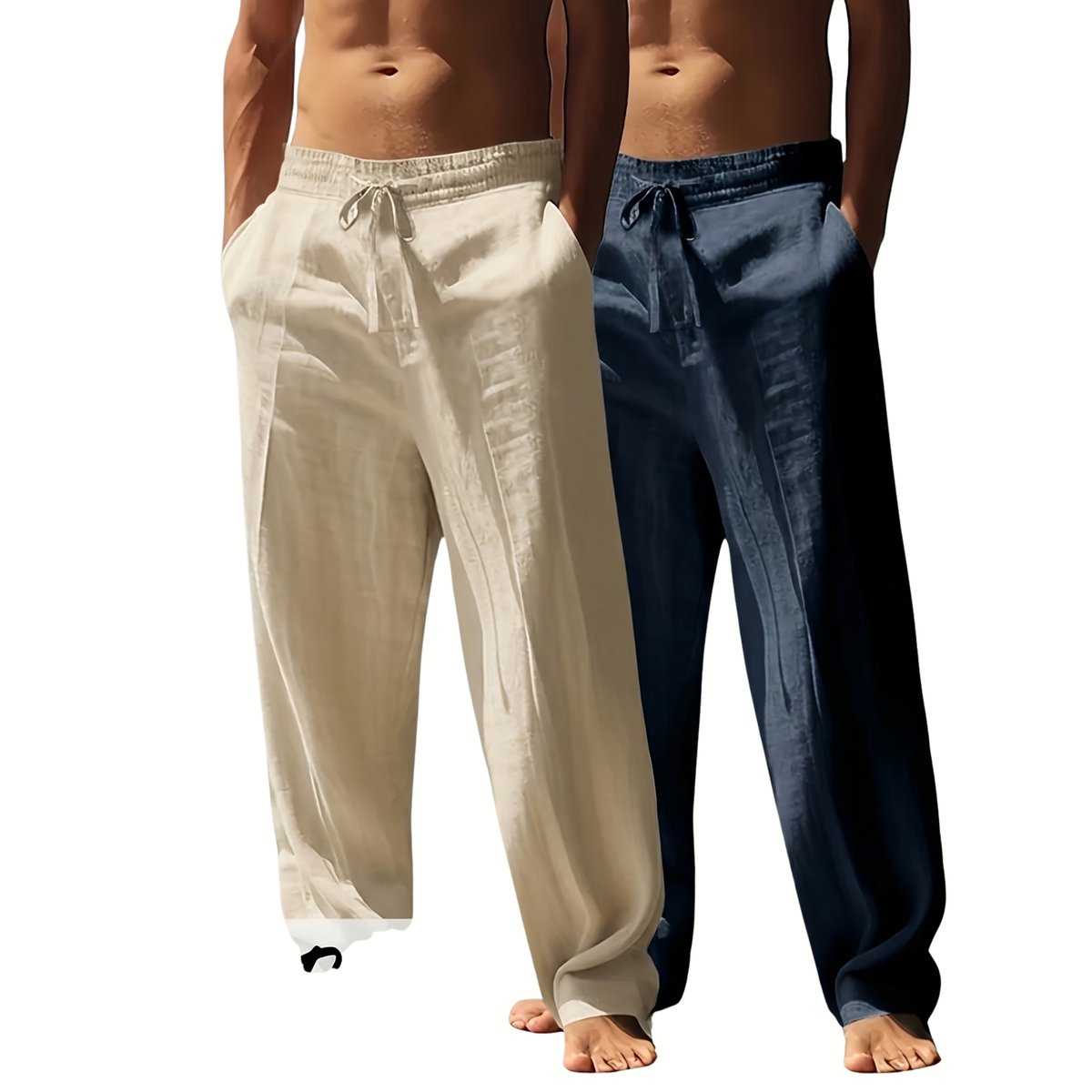 Currero Linnen Broek Heren Zomerbroek Volwassenen Lange Broek Pantalon Strandbroek Zomer Ibiza Stijl + Marineblauw