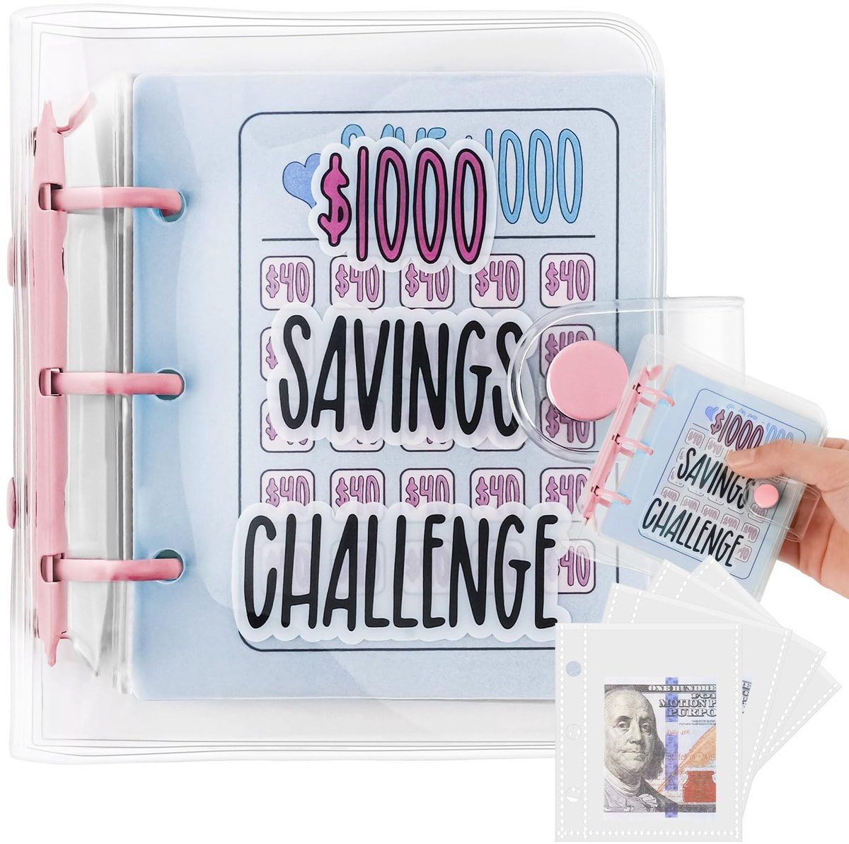 carmdering - Spaarkaart - Budgetplanner - Spaarset - 25 bladen, €1000, PVC, waterdicht, 10x15cm, met cardvakken - Voor financiële educatie - Ideaal cadeau voor kinderen