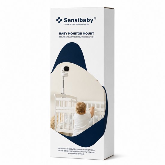 Doos van Sensibaby Baby Monitor Mount, met een baby in een wiegje, met een babyfoon
