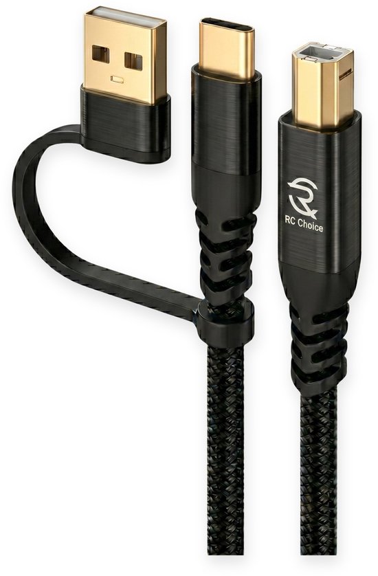 Zwarte kabel met gouden USB-A, USB-C en USB-B connectoren. Gevlochten nylon mantel met 'RC Choice' logo.