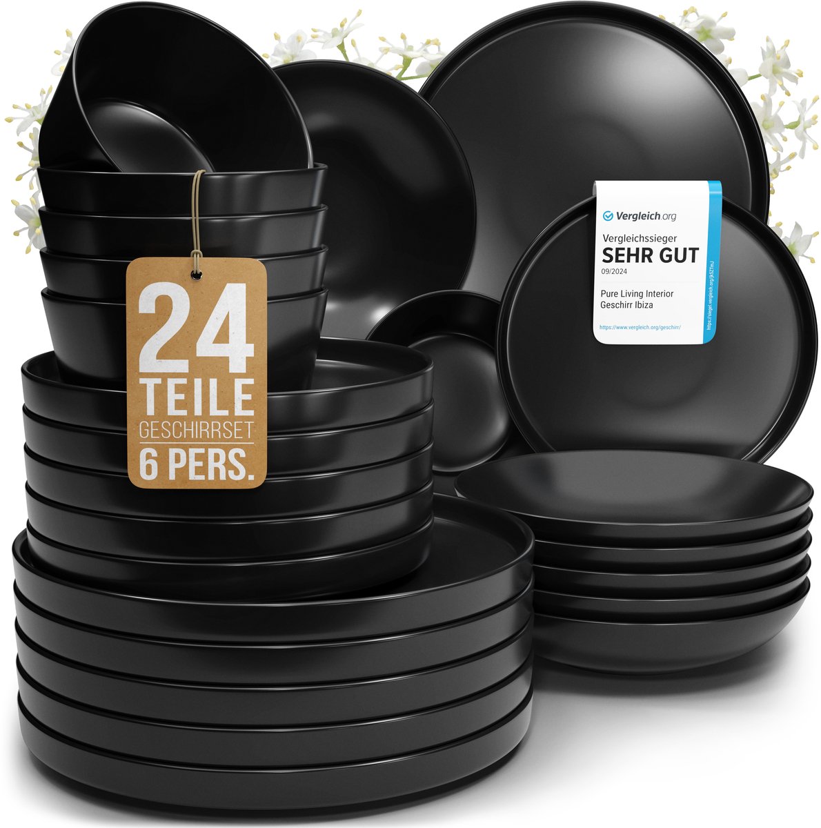 Pure Living Schwarz serviesset voor 6 personen – 24-delig – aardewerk – urban design – vaatwasserbestendig