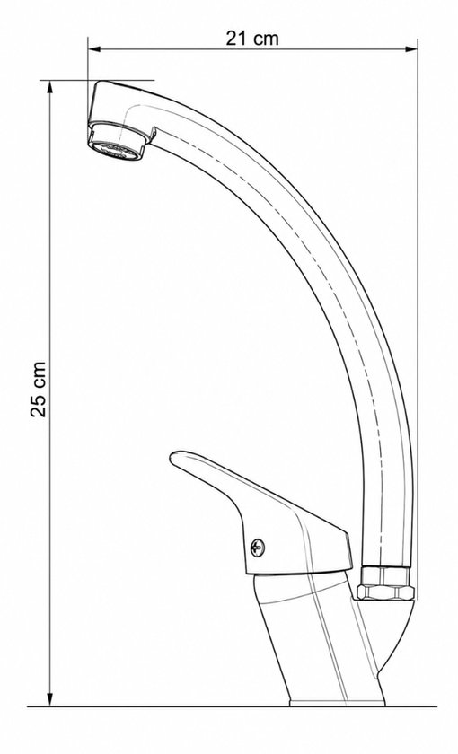 Keukenkraan met hoge, gebogen uitloop, 25 cm hoog en 21 cm diep.