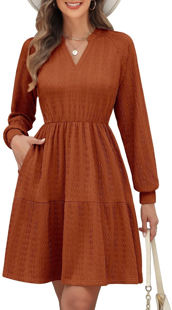 SolidKeus - Dames Gebreide Midi Jurk met V-hals en Elastische Taille