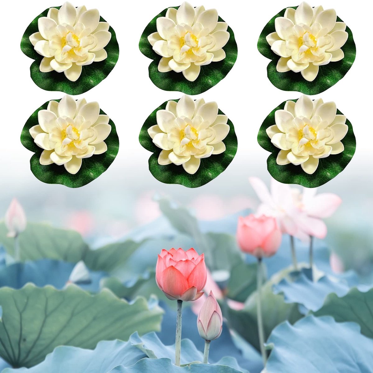 SolidKeus - Kunstmatige Waterlelies, Set van 6 Drijvende Lotus Bloemen voor Tuin en Vijver
