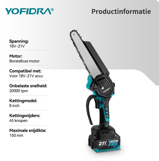 Yofidra Mini Kettingzaag - 20cm Kettingzaag - met 2x Accu's - Takkenzaag - Elektrisch Handkettingzaag - voor tuin, boomsnoeien en hout — afbeelding 3