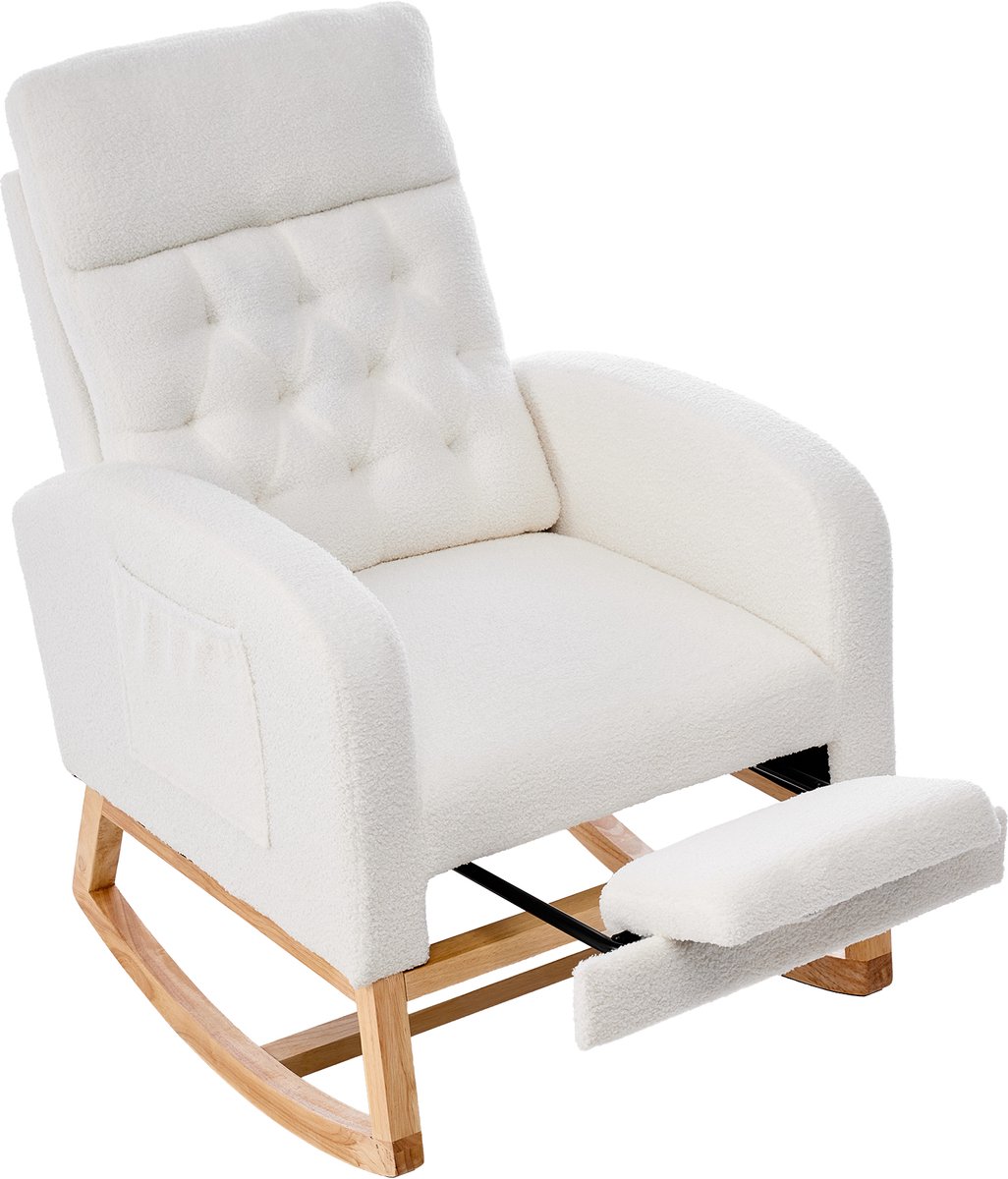 Schommelstoel - Voedingsstoel - Relaxstoel-Bouclé – Voetensteun –Zijzakken – Anti-kantel - Hout - Babykamer - 65,6x123x102cm- 136kg-Wit