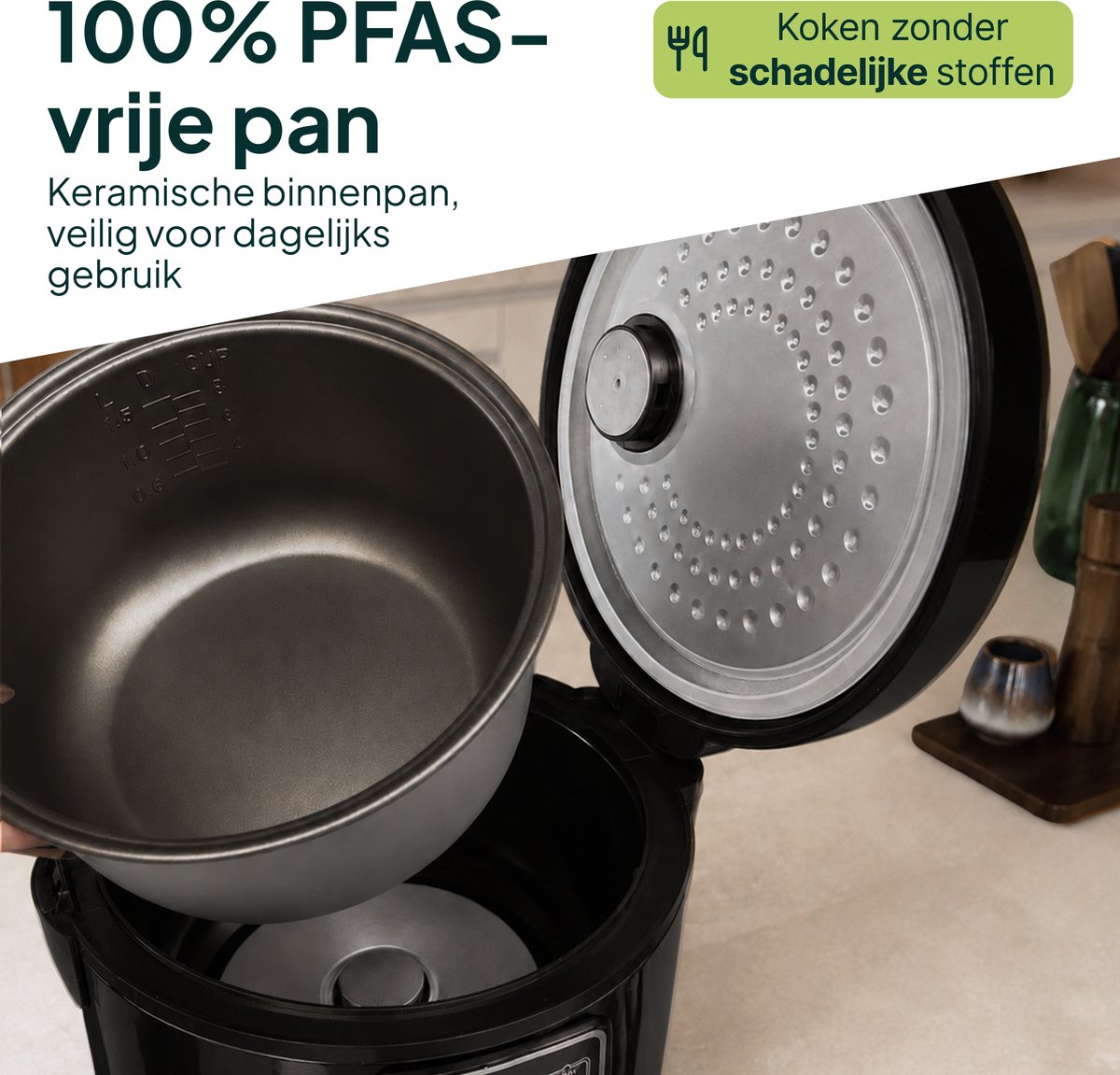 Rijstkoker met Stomer - 1.5L - Slowcooker met Timer - 8 Porties - Multicooker - Rice Cooker - Zwart - Vivid Green – foto 4