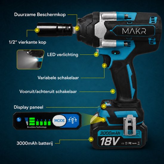 MAKR slagmoermachine body met duidelijke labels: 1/2" kop, LED verlichting, variabele schakelaar, display paneel, 3000mAh batterij.