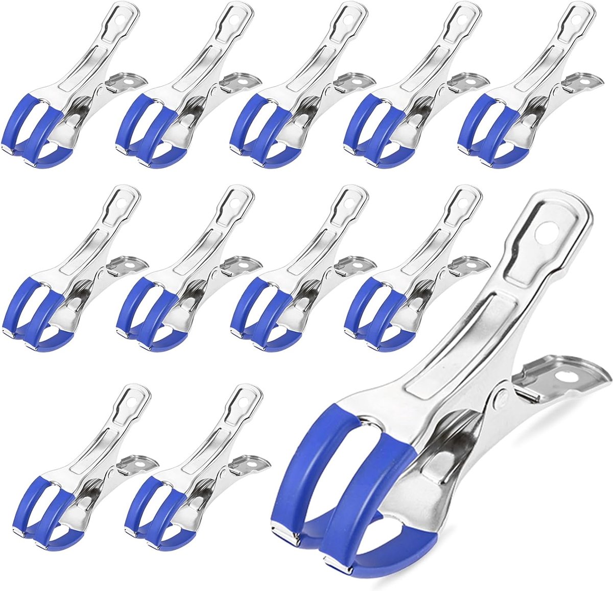 Set van 12 roestvrijstalen zwembadafdekkingsclips, krasbestendige bescherming | 11 cm grote, robuuste, winddichte clips voor bovengrondse zwembaden, kasfolies en dekzeilen - Dubbele klauw blauw