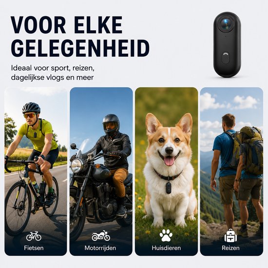 Collage van activiteiten met WINNES sportcamera: fietsen, motorrijden, huisdieren, reizen.