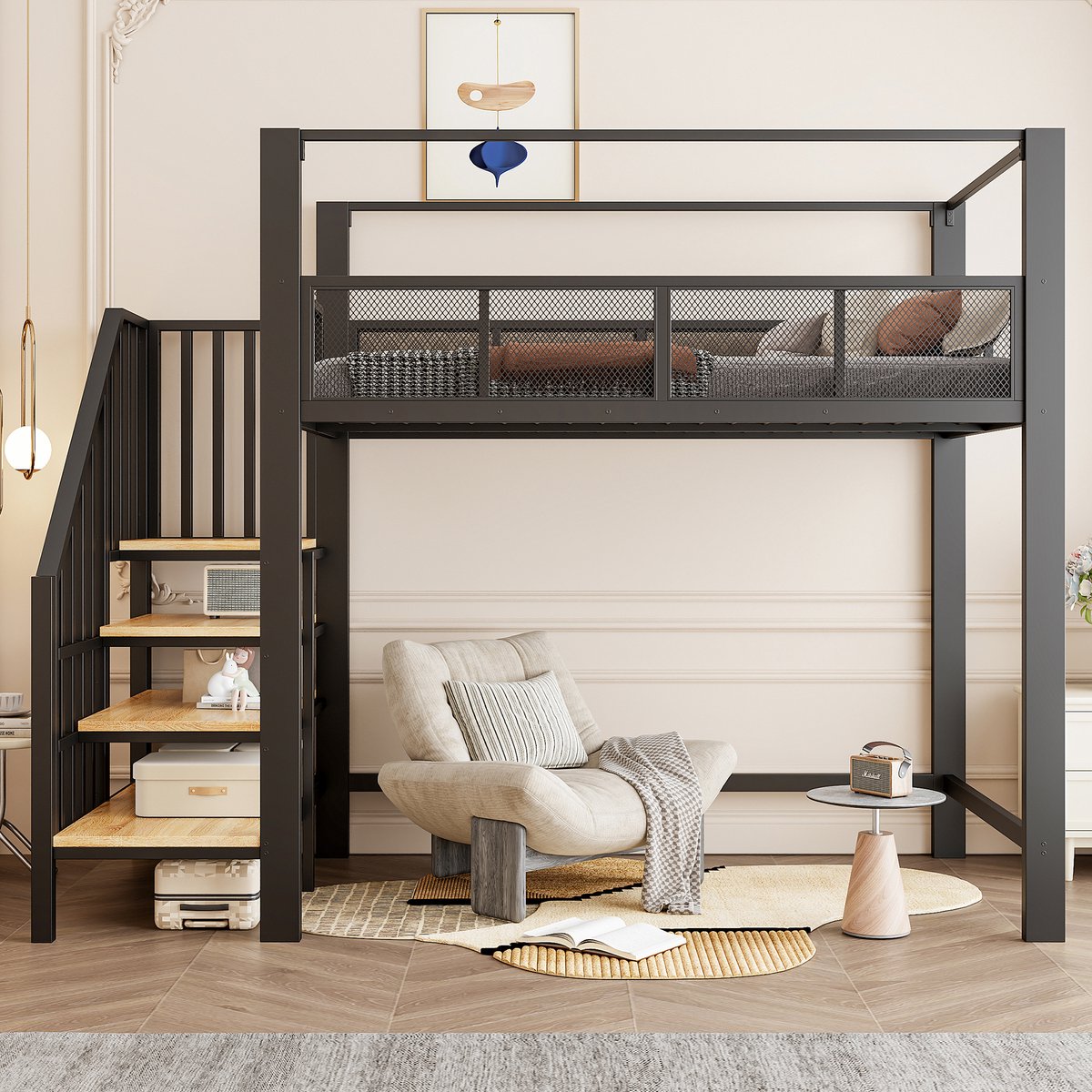 VVBV Hoogslaper 90x200 cm - Met Bureau, Uitvalbeveiliging, Opbergtrap, Stabiel Metalen Frame - Zwart, Metaal