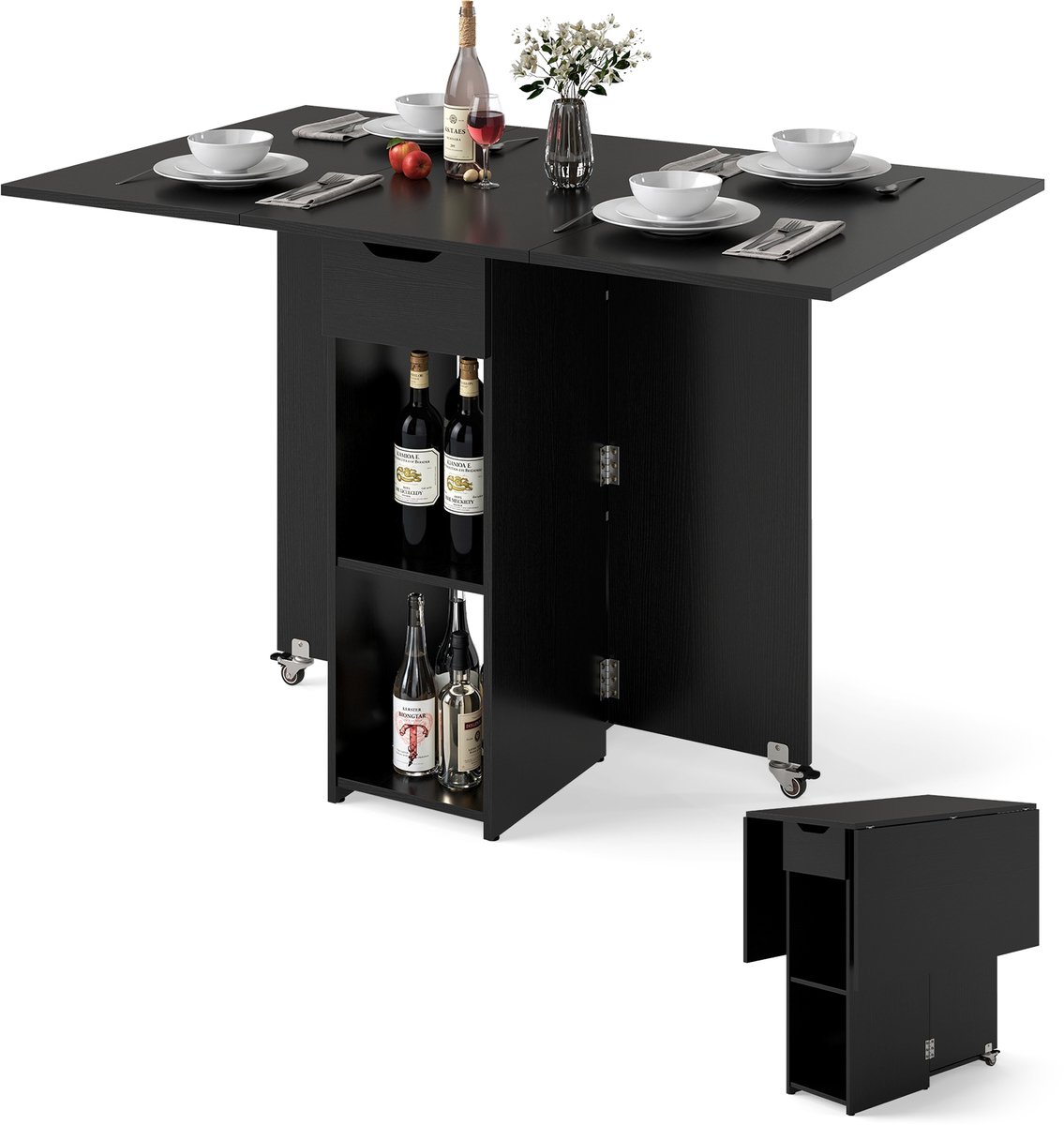 COSTWAY Eetstafel inklapbaar, Keukentafel met wielen, Lade en 2 opbergvakken, Klaptafel voor 2-4 personen, Eettafel voor kleine ruimtes, Eetkamer, Keuken, 120 x 72 x 75 cm (Zwart)