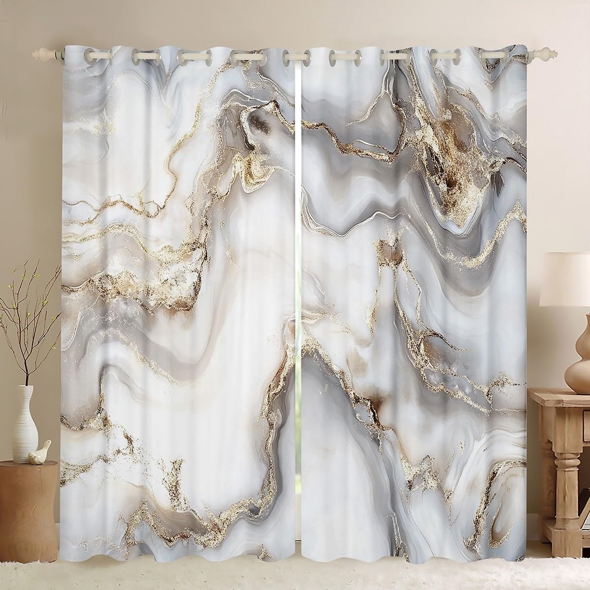 Verduisterende Gordijnen Grijs Goud Marmer Patroon 168x228 cm met Ringen
