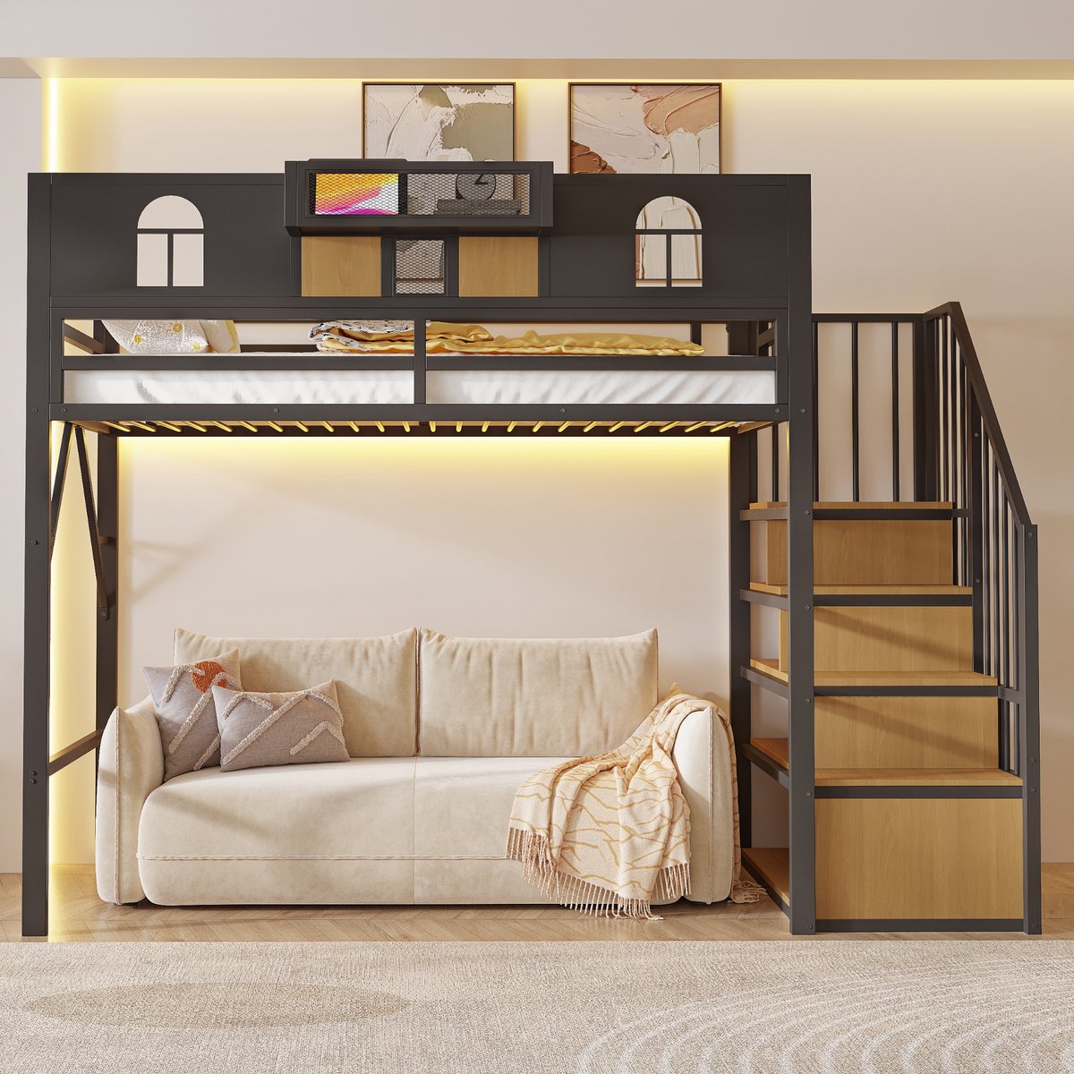 VVBV Hoogslaper 90x200 cm - Met Bureau, Opbergtrap, LED-Verlichting, Ruimtebesparend - Zwart, Metaal