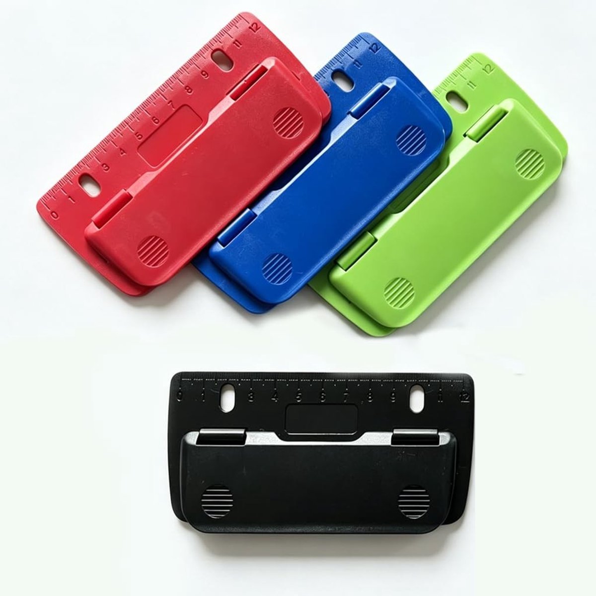 Set van 4 zakperforatoren voor mappen, ultradunne mini-perforator met 12 cm liniaal, draagbare 2-gaats papierperforator voor A4-papier, ideaal voor school, kantoor en onderweg, met standaard 8 cm gatafstand en gebruiksvriendelijke functionaliteit