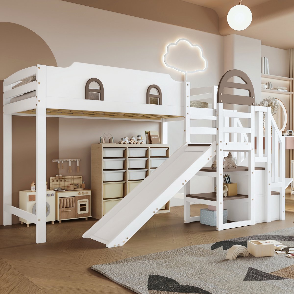 Kinderbed - voor matras 90 x 200 cm - wit - met opbergruimte - afmetingen 146 x 257 x 145 cm - matras niet inbegrepen - voor de slaapkamer