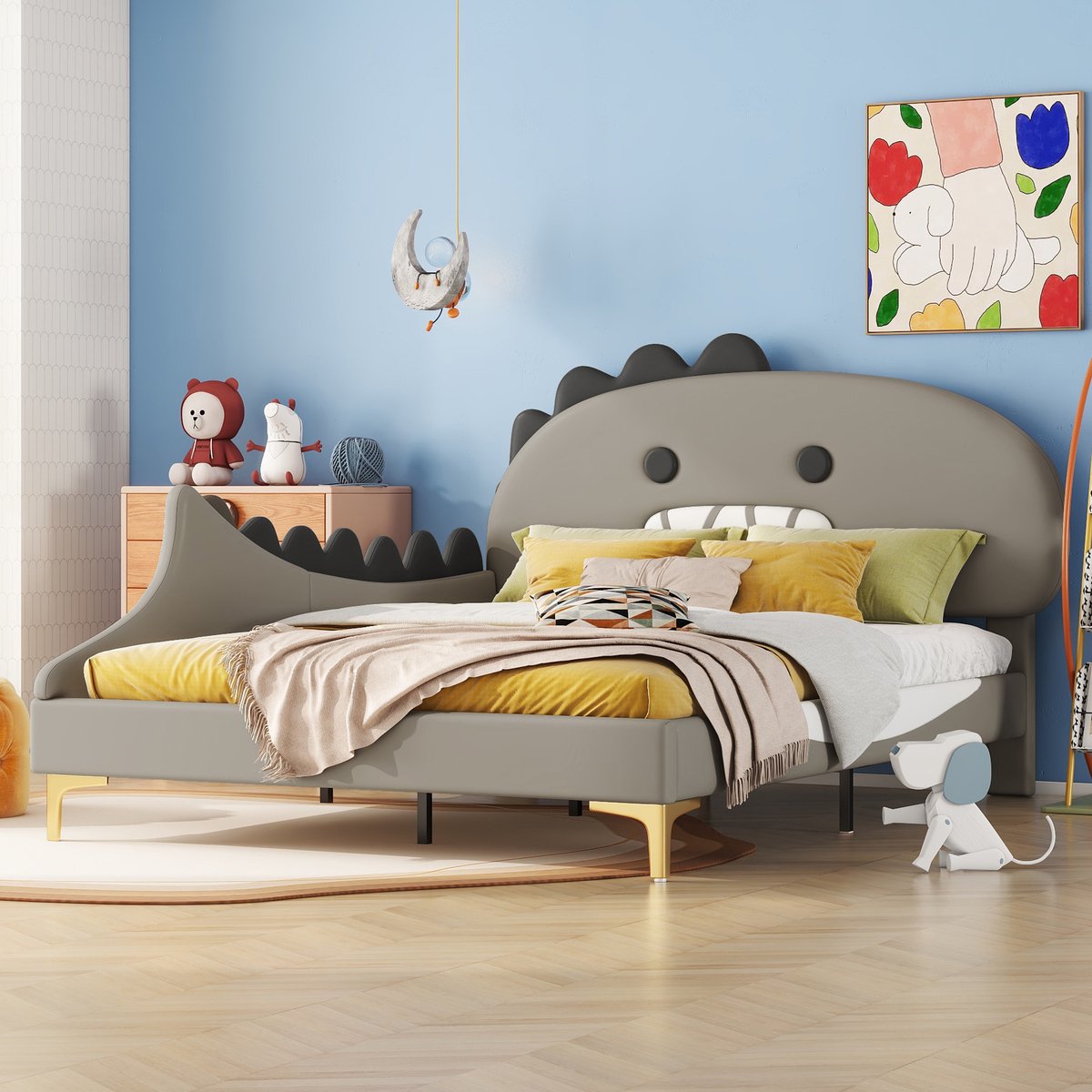 Kinderbed - voor matras 140 x 200 cm - grijs - met lattenbodem - afmetingen 144 x 209 x 110 cm - matras niet inbegrepen - voor de slaapkamer