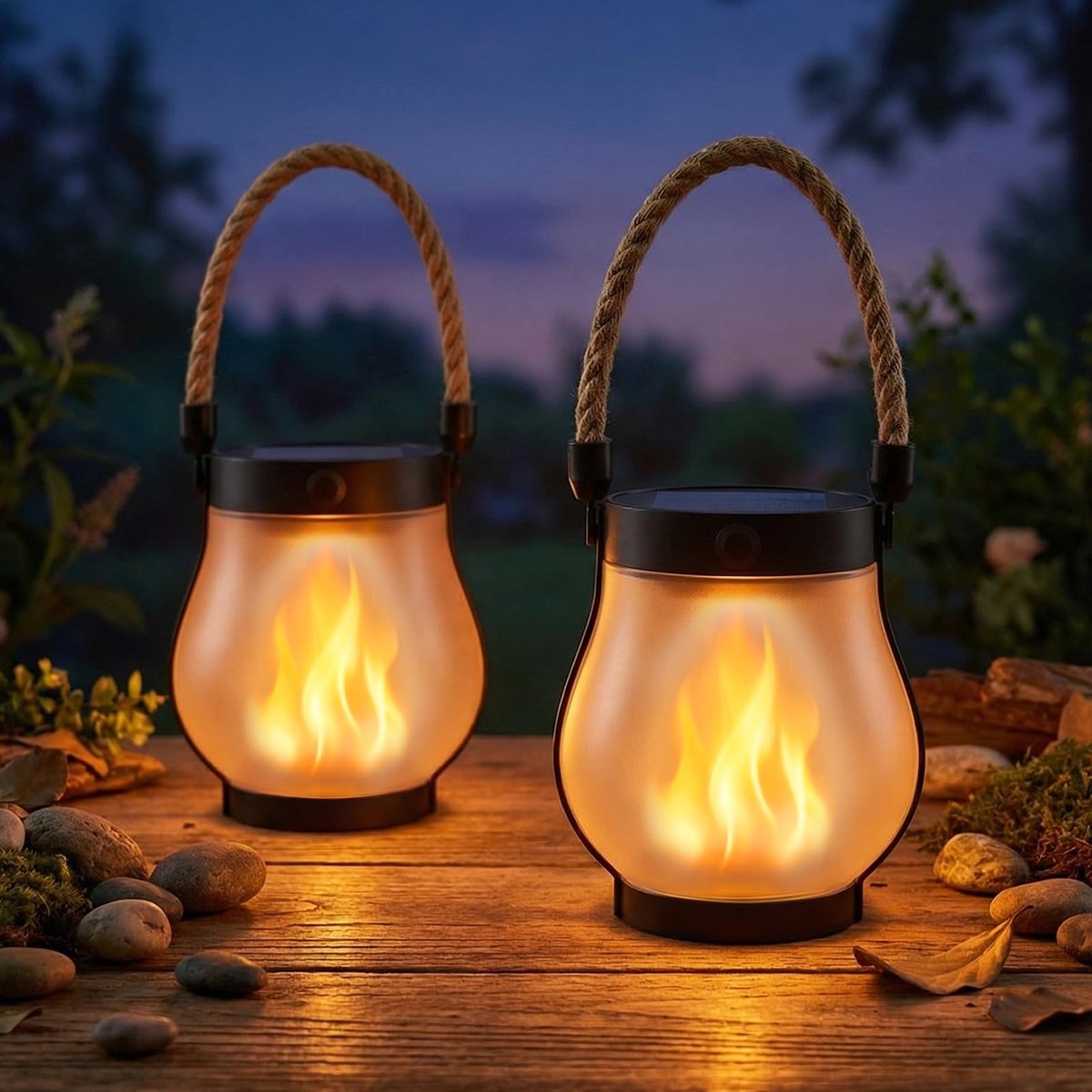Namajunas - Buitenlamp op zonne-energie - Vlam lamp - 2 stucks - Met flikkerend vlam effect - Twee licht effecten - USB-C en opladen op zonne energie - IPX4 waterdicht - Hanglamp met touw - Tuin versiering - Geschikt voor tuin, tuinhuis en terras
