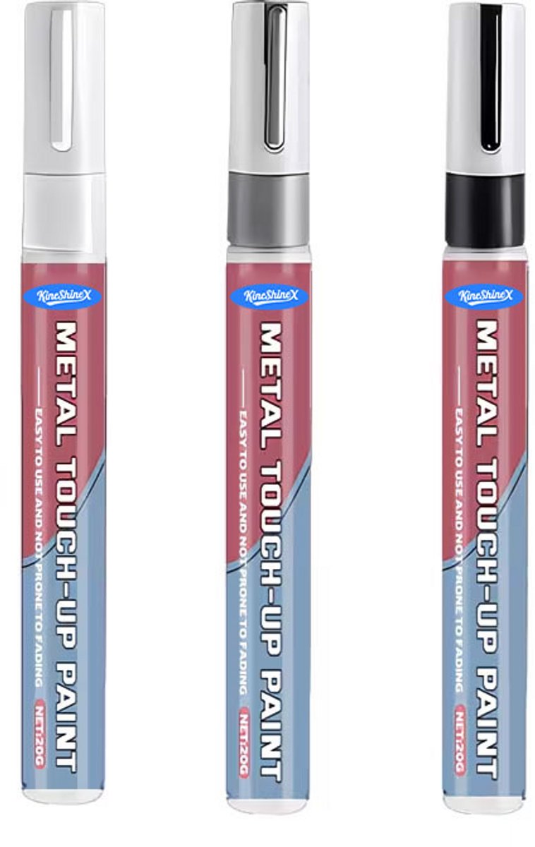 TLVX 3 Stuks Metaal Lak Reparatiepen Zwart, Zilver en Wit – Kras- en Beschadiging Herstel Lakstift voor Kranen, Stalen Deuren, Sanitair, Auto, Fiets, Fat bike, Motor en overige Metalen Oppervlakken – Metaal Touch-Up Pen – 3 stuks