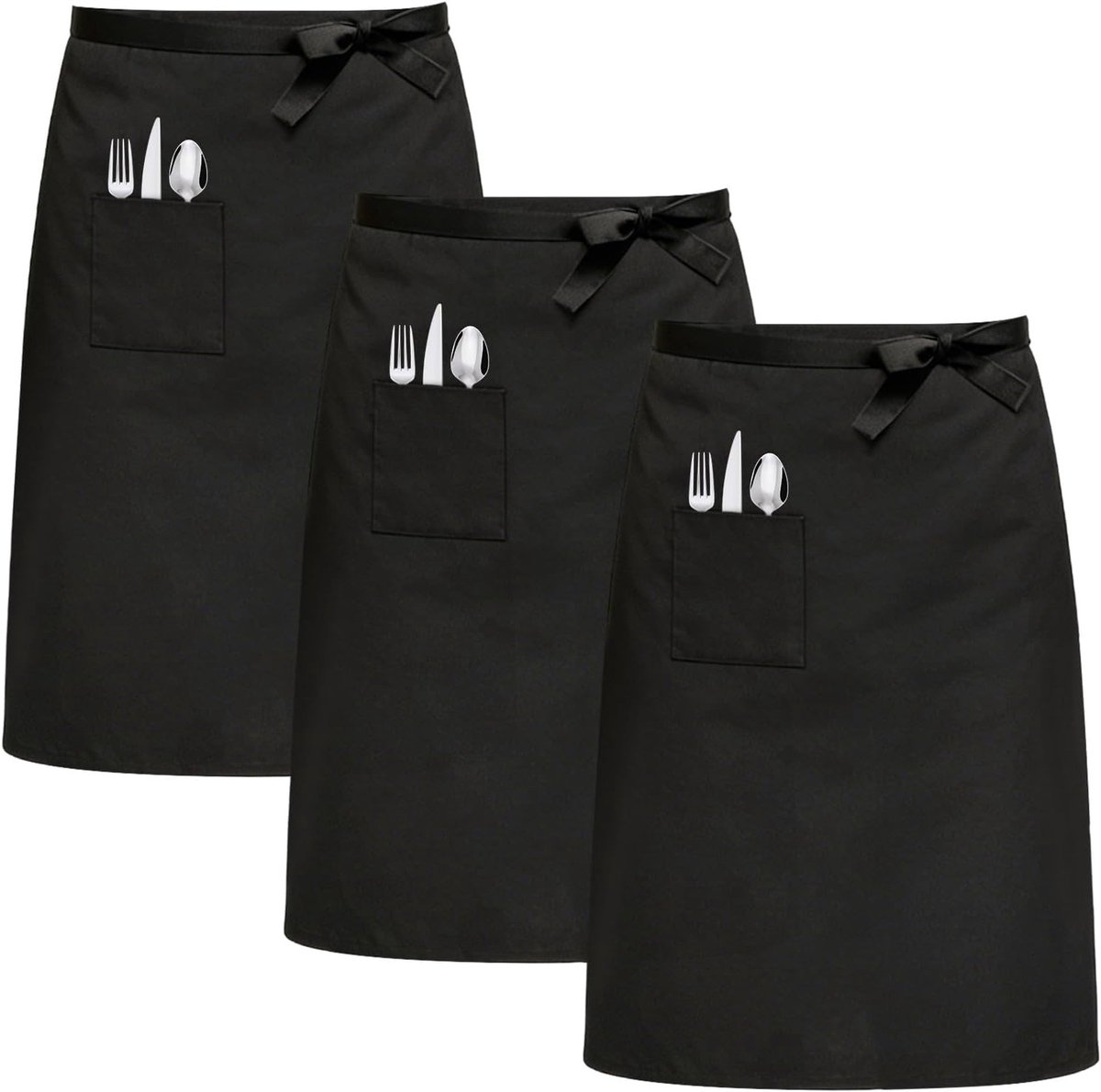 Set van 3 Voorbindschorten met Pockets, 68 x 70 cm, Geschikt voor Koken, Barbecue en Horeca, Unisex Zwart
