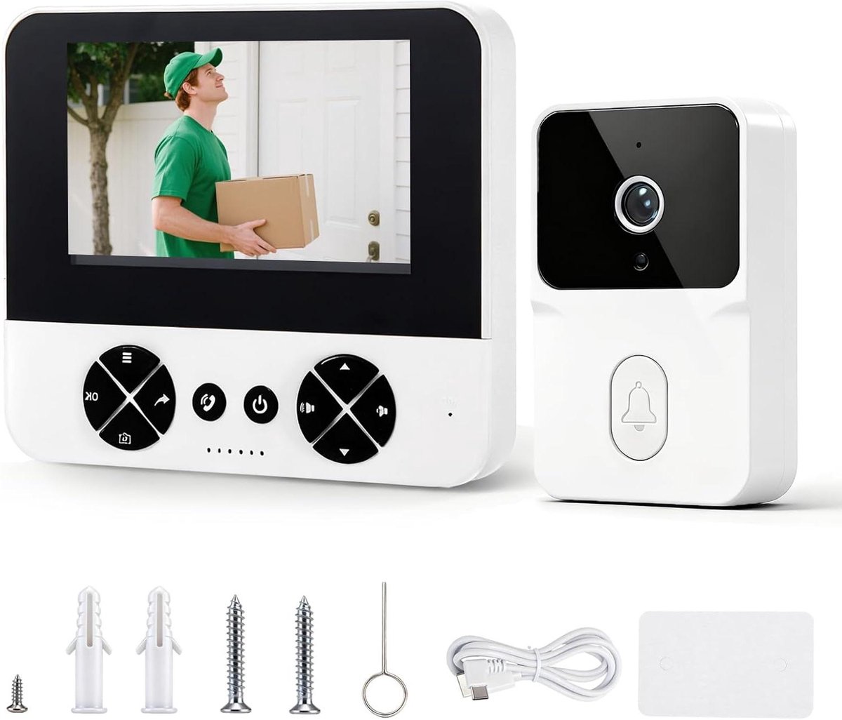 Draadloze Deurbel Camera - Videofoon Set - Veiligheid Thuis - Geen Wifi Nodig - 43 Inch Scherm - Wit