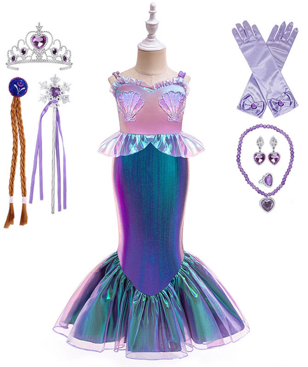 Zeemeermin-jurk – Outfit in prinsessenstijl – Maat 120 cm – Set van jurk en accessoires – Feestjurk met pailletten – Kostuum voor kinderen van 3–8 jaar – Paars