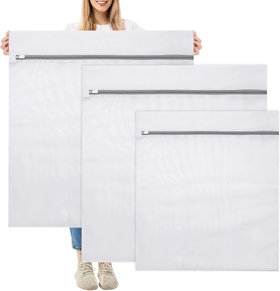 Set van 3 Waszakken in Fijnmazig Polyester voor Wasmachine - Ideaal voor Dekens, Jassen en Bedlinnen met Verborgen Ritssluiting - 50 x 60 cm en 80 x 90 cm