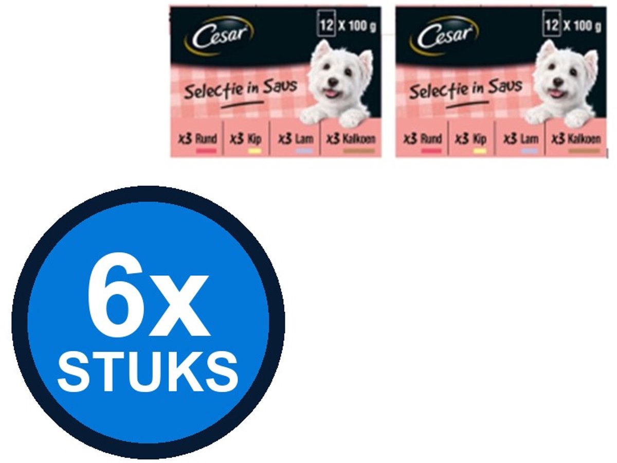 6x Cesar Maaltijdzakje Adult In Saus Multipack - Hondenvoeding - 72x100g