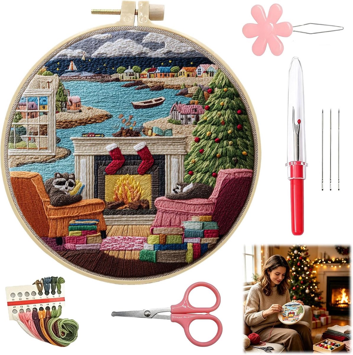 1 borduurset Kerstmis 20 cm complete set beginners kunststof | met patroon, borduurframe, schaar, inrijger, naadscheider, kleurrijke garens, voor woonkamer en kerstdecoratie
