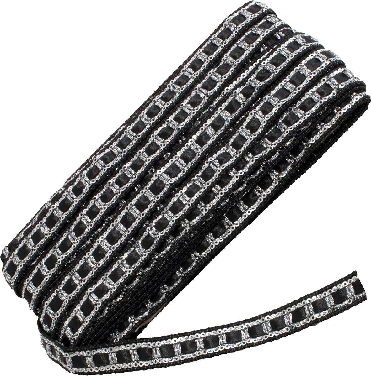 - C60698 - Galonband met pailletten - ~13 meter x 16 mm - Kleur: zwart en zilver - voor het maken van kleding korte decoratie voor het naaien en versieren van kleding