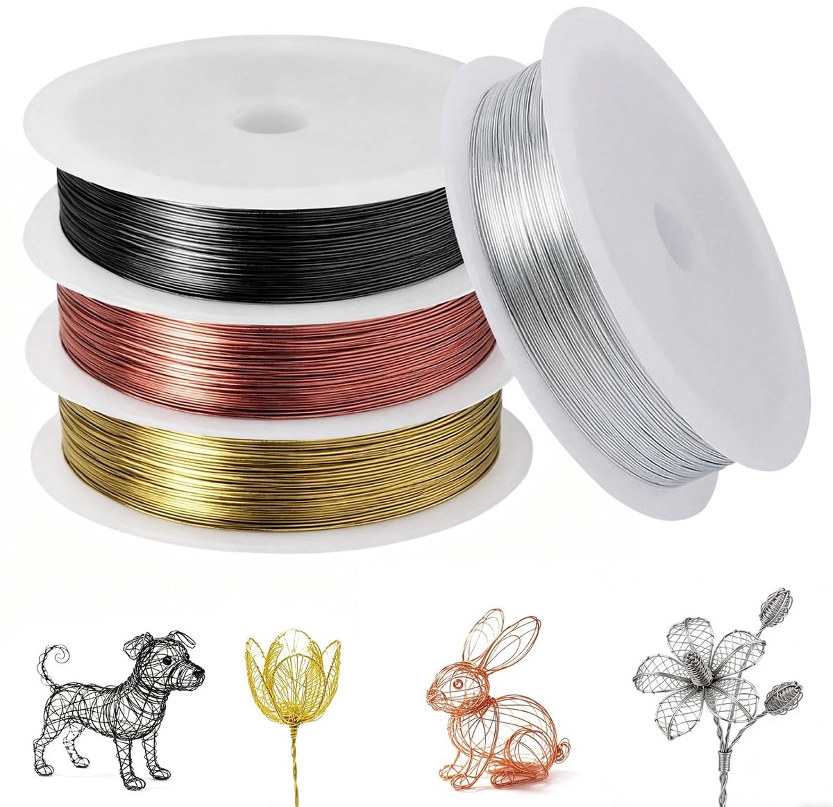 Draad, dun, 4 rollen sieradendraad, 4 kleuren | Buigdraad voor knutselen, modelleren, doe-het-zelven, bloemenbouw, doe-het-zelf sieraden, goud, zilver, koper, zwart