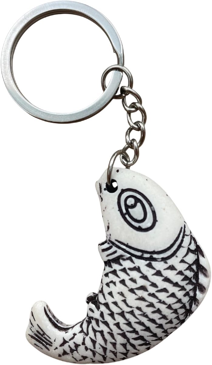 Vissleutelhanger met roestvrijstalen ring in steen-look, dubbelzijdige geluksbrenger van kunsthars in boho-stijl