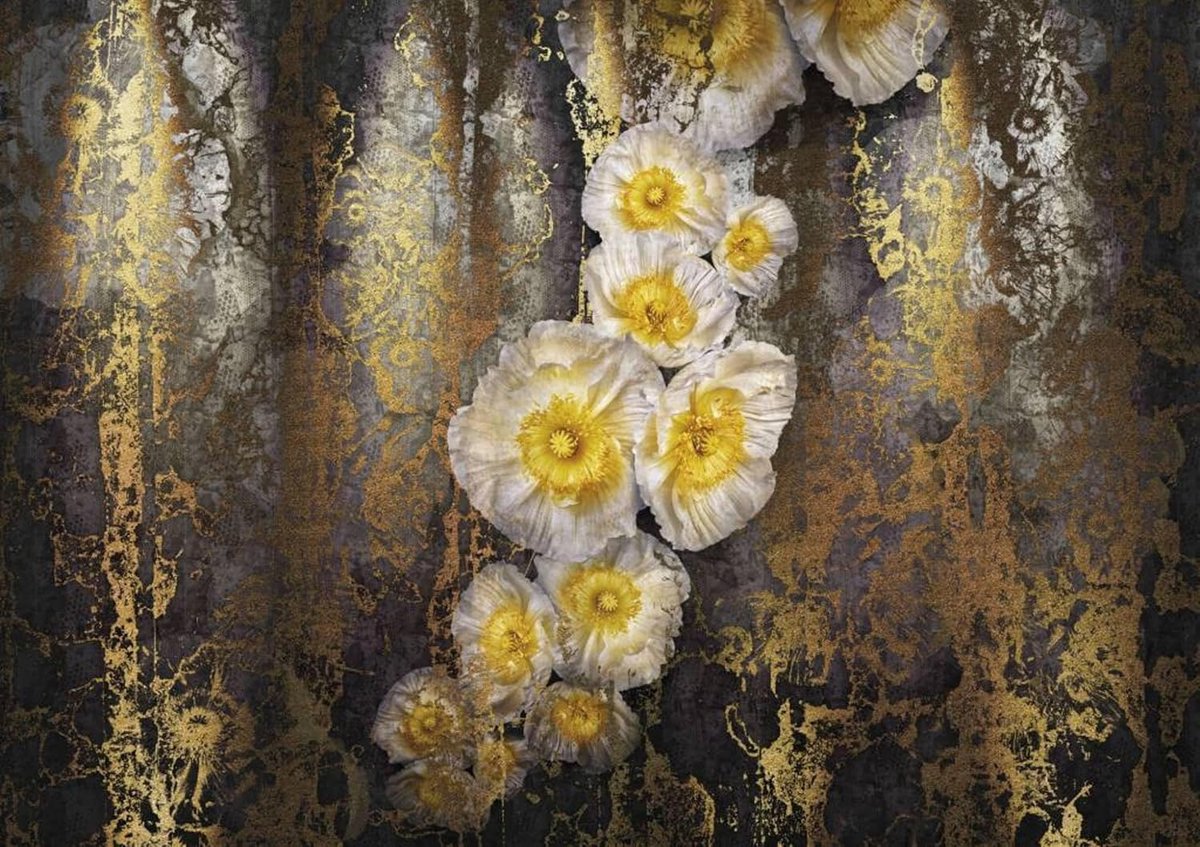 Behang | SERAFINA | 368 x 254 cm | behang, muur, decoratie, wandbekleding, wandafbeelding, wanddecoratie, klaprozen, goud, gouden roosterlook | 8-963