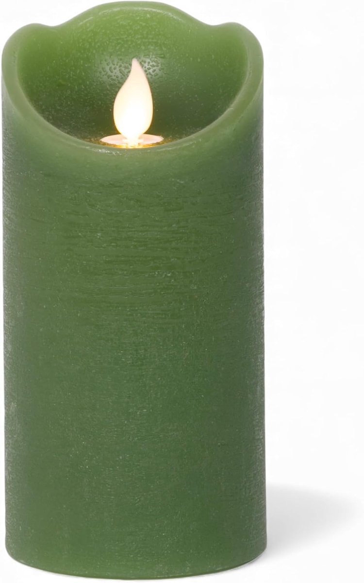LED kaars van echte was met flikkervlam, timer en batterijvoeding | LED-kaars voor binnen met warmwit licht | Natuurlijke uitstraling (Groen - gestructureerd oppervlak, Ø7,5cm x 15cm)