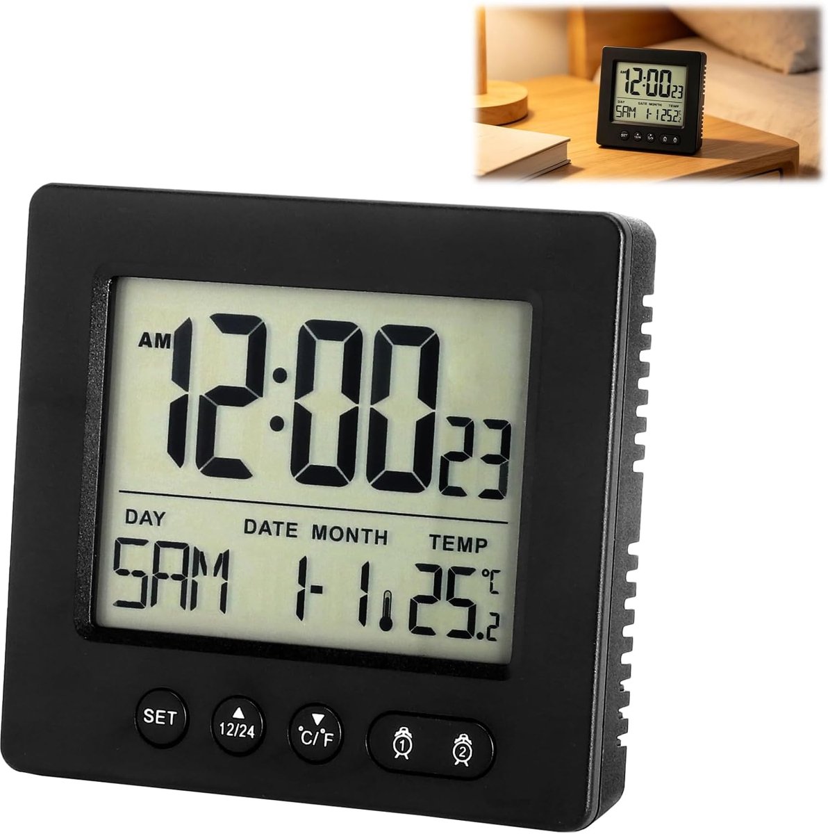 Digitale Wekker Radio, Digitale Wekker Tafel, Klok Digitaal, 2 Alarmen Snooze Temperatuur Nachtlicht Compact Voor Slaapkamer Bureau Reis Zwart