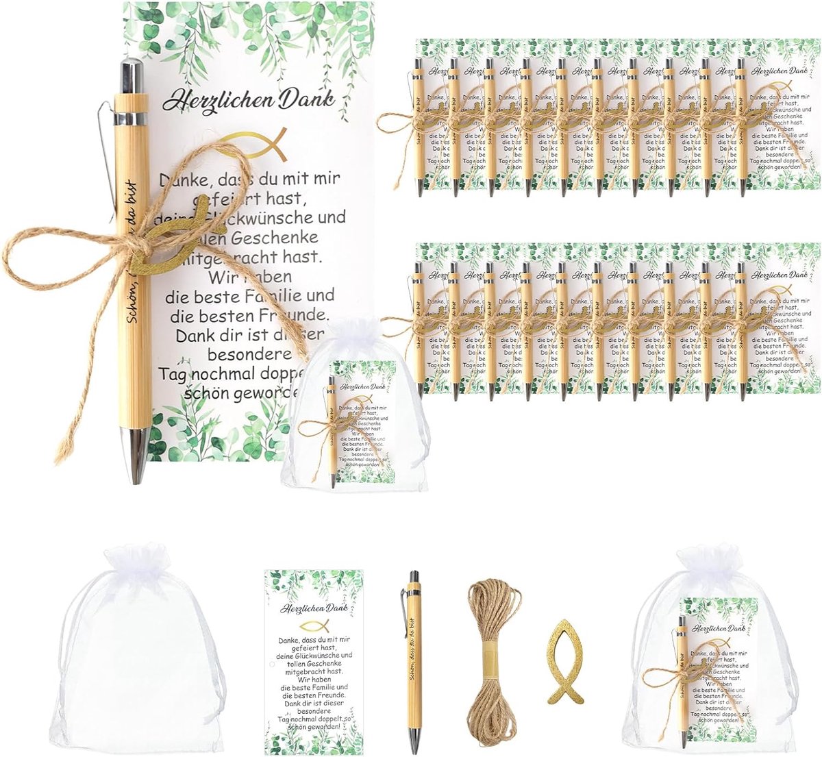 20 Sets Communiegeschenken, Waaronder Een Houten Pen Met Een Bedankkaartje, Een Houten Visje En Een Organzazakje, Cadeaus En Gastgeschenken Voor Doop, Vormsel En Huwelijksreceptie