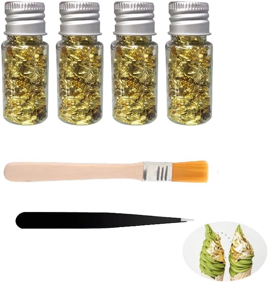 6-delige set goudfolie bevat een pincet en een penseel en is geschikt voor kunsthars- en taartdecoratie. De hoogglanzende metallic folie is voor doe-het-zelf knutselprojecten.