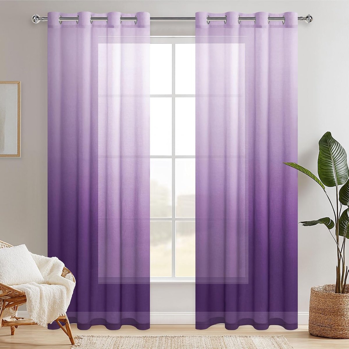Voile gordijnen kleurverloop gordijn met inslagringen half-transparant decogordijn Sheer gordijn voor de woonkamer, 245 cm x 140 cm (H x B) 2-delige set wit paars