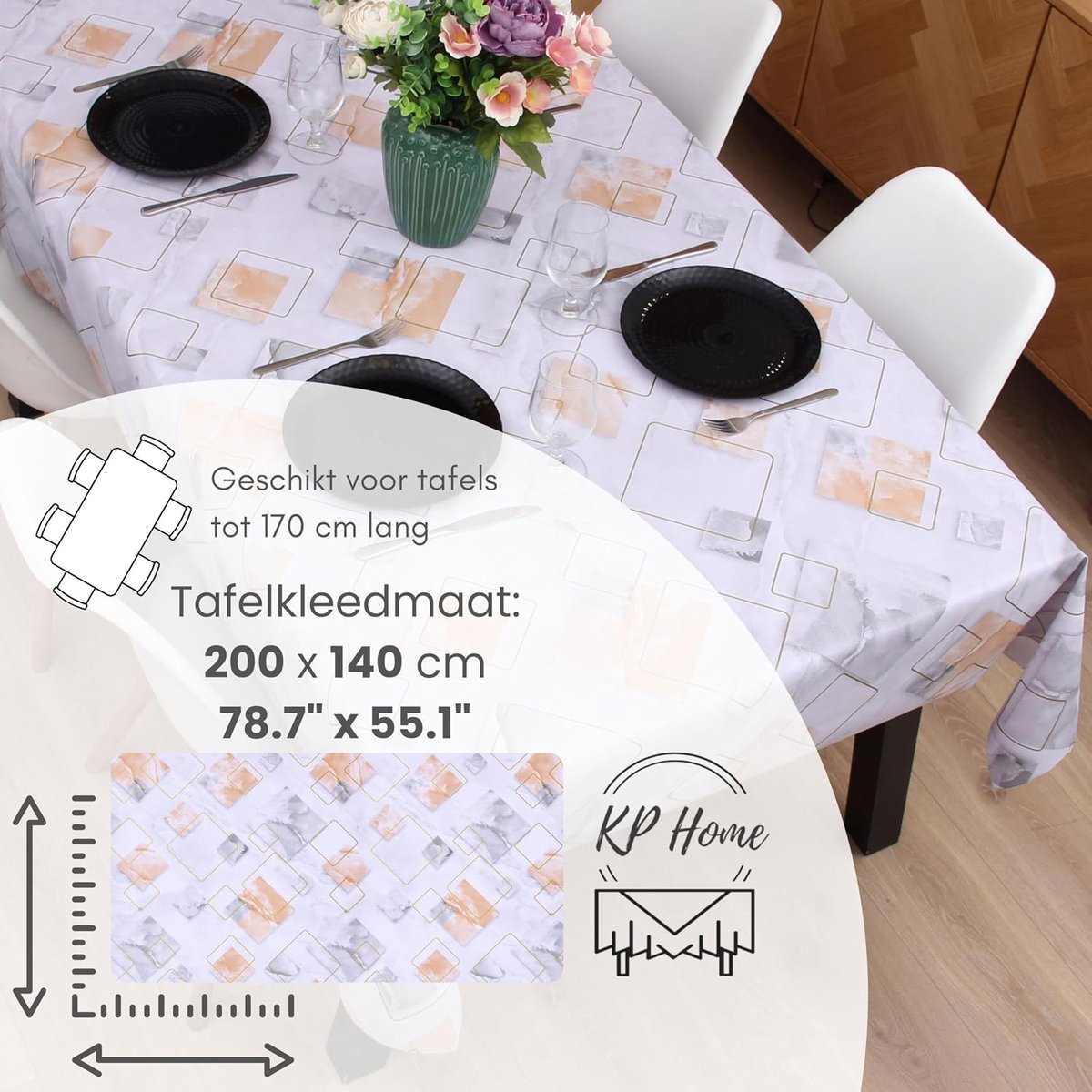 Grijs PVC Tafelkleed met Luxe Marmerprint 140x140 cm – Vierkant, Afneembaar, Waterdicht, Vinyl Tafelbeschermer met Gouden Geometrisch Design voor Binnen en Buiten, Makkelijk te Reinigen